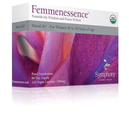 Femmenessence MacaLife – Clinically Proven for Perimenopause, Women’s Natural Hormone Balance Supplements, Relief of Hot Flashes, Mood Swings, Dryness, 120 Organic Maca Root Capsules, 60-Day Supply