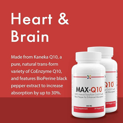 Stop Aging Now MAX-Q10 CoEnzyme Formulated with Kaneka Q10 and Enhanced BioPerine Black Pepper Extract for High Absorption, Heart Health, Energy Production 200 mg Capsules