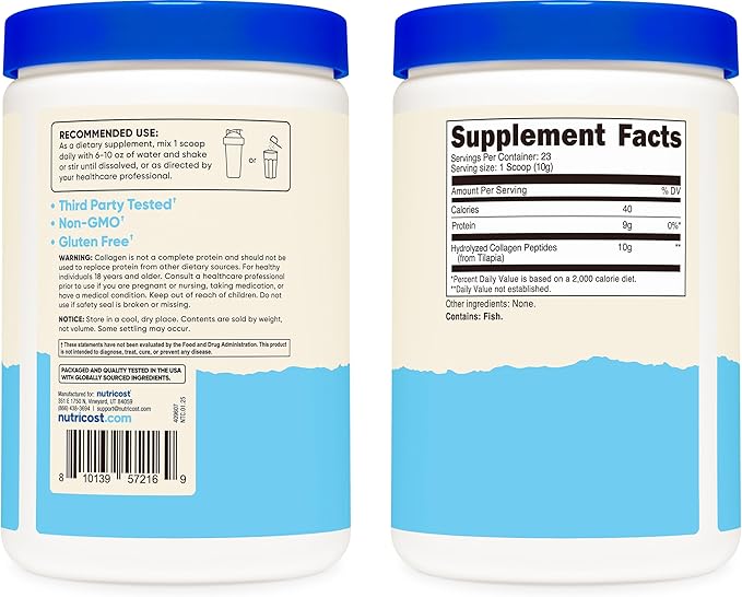 Nutricost Marine Collagen Powder Sustainably Sourced Fish (8 oz) - 23 Servings, 9 G Protein Per Serving, Non-GMO, GMP Compliant
