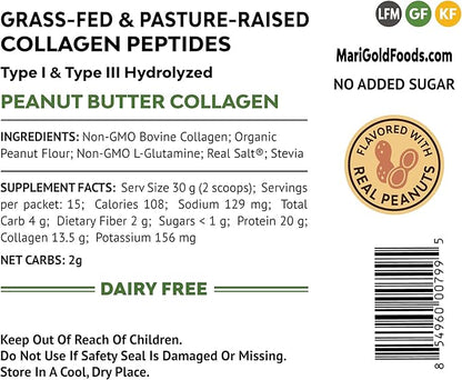 MariGold Grass-fed Collagen Peptides Powder Peanut Butter 1LB - 100% Pure, Type I & III Bovine Hydrolyzed Collagen, Non-GMO, Hormone Free, Soy Free, Gluten Free, Dairy Free, Keto-Friendly