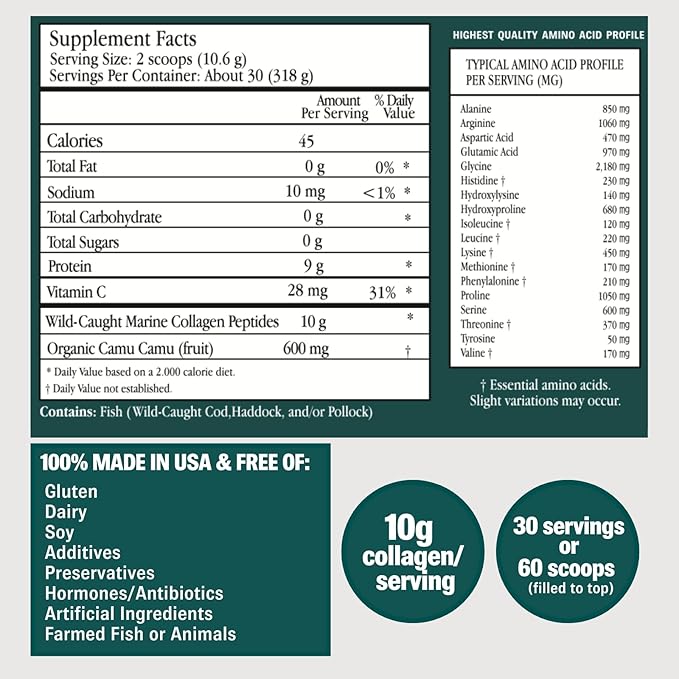 ENSANTE Premium Marine Collagen Peptides Powder Unflavored, Clinically Backed Type I II III IV Collagen, Wild Deep Sea Collagen with Organic Camu Camu Vitamin C for Hair Skin Nail Joint, Lab Tested