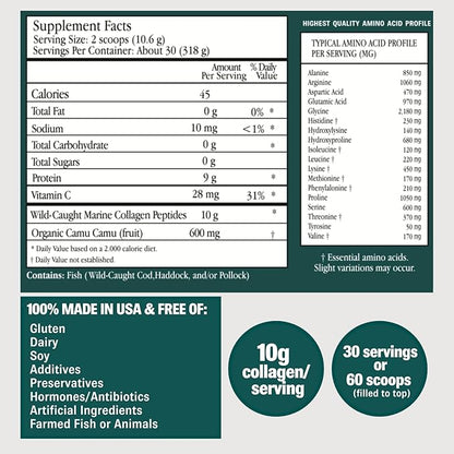 ENSANTE Premium Marine Collagen Peptides Powder Unflavored, Clinically Backed Type I II III IV Collagen, Wild Deep Sea Collagen with Organic Camu Camu Vitamin C for Hair Skin Nail Joint, Lab Tested