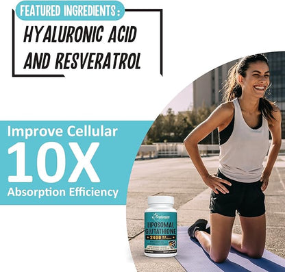 2400 MG Liposomal Glutathione Softgels, Max Absorption, Active Form L-Glutathione Reduced (GSH), with Hyaluronic Acid, Resveratrol, Master Antioxidants for Detox, Brain, Immune System, 480 Softgels