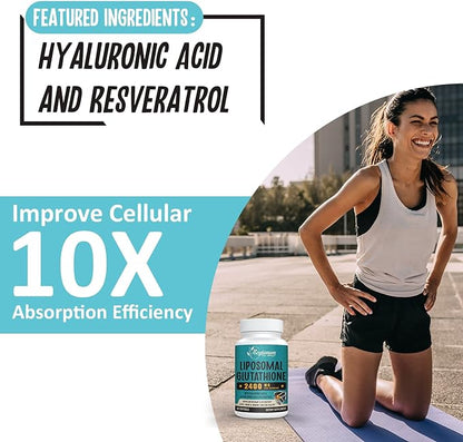 2400 MG Liposomal Glutathione Softgels, Max Absorption, Active Form L-Glutathione Reduced (GSH), with Hyaluronic Acid, Resveratrol, Master Antioxidants for Detox, Brain, Immune System, 240 Softgels