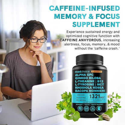 12-in-1 Nootropic Brain Supplement with Caffeine Anhydrous - Ginkgo Biloba for Brain Support, Memory, Focus - B12, Alpha GPC, L Theanine, Choline Supplements with Bioperine, 1321mg, (60ct, Pack of 2)