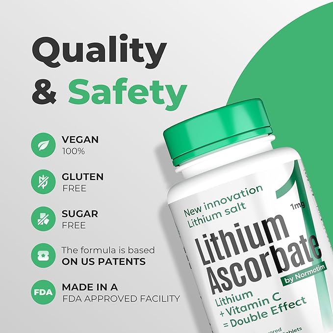 Lithium Ascorbate 1 mg with Vitamin C - 60 Tablets – Brain Supplements for Memory and Focus, Mood and Stress Relief Supplement, Lithium Orotate, Depression Support, Brain Booster