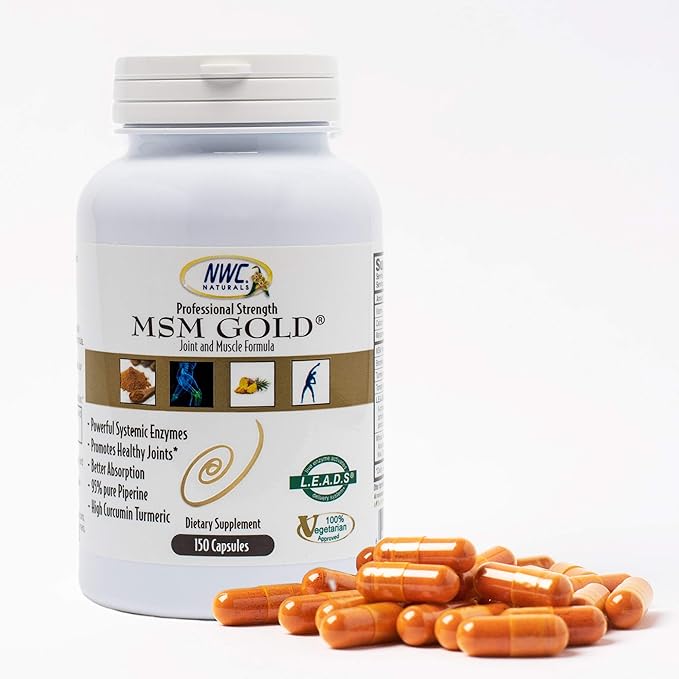NWC Naturals MSM Gold – Systemic Enzyme Supplement with Turmeric, Tomato Lycopene & BioPerine for Nutrient Absorption – Joint & Muscle Support – 150 Antioxidant-Rich Vegetarian Capsules