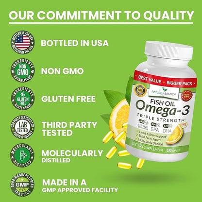 Best Triple Strength Omega 3 Fish Oil Pills - 180 Capsules - 2400mg High Potency Burpless Lemon Flavor 864mg EPA 576mg DHA Ultra Pure Liquid Softgels for Brain Joints Eyes Heart Health Supplement