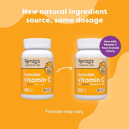 Renzo's Invincible Vitamin C for Kids with Elderberry and Zinc, Dissolvable Kids Vitamins for Immune Support, 60 Orange-Flavored Melty Tabs