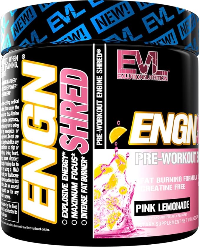 EVL Ultimate Pre Workout Powder - Thermogenic Fat Burn Support Preworkout Powder Drink for Lasting Energy Focus and Stamina - ENGN Shred Intense Creatine Free Preworkout Drink Mix - Pink Lemonade