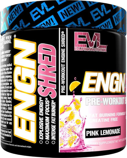 EVL Ultimate Pre Workout Powder - Thermogenic Fat Burn Support Preworkout Powder Drink for Lasting Energy Focus and Stamina - ENGN Shred Intense Creatine Free Preworkout Drink Mix - Pink Lemonade