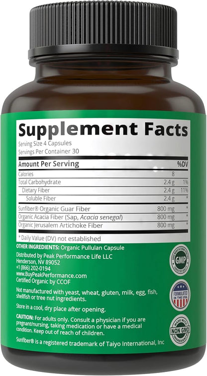 USDA Organic 3-in-1 Prebiotic Fiber - Vegan Capsules for Gut, Digestive Health. Raw Whole Food Plant Based Prebiotics Pills Supplement with Inulin (Jerusalem Artichoke), Acacia Fibers, SunFiber