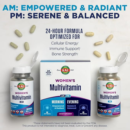 KAL Women's Multivitamin AM/PM, 2-in-1 Multivitamins for Women with Ashwagandha, Silica, Organic Spirulina, and GABA for Cellular Energy, Bone Strength, Immune Support, Vegan, 30 Servings, 120 Tablets