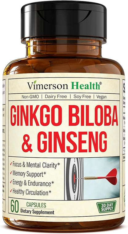 Ginseng Extract & Ginkgo Biloba Supplements - Extra Strength Nootropics Brain Support Supplement for Memory & Focus - Panax Ginseng Root 800mg + Gingko 600mg + Ginkgo Biloba 120mg Extract. 60 capsules