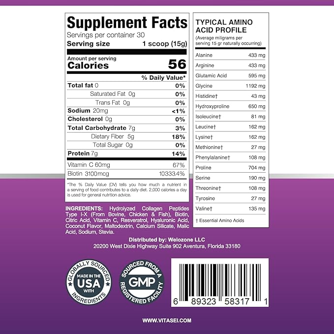 Hydrolyzed Collagen Peptides Powder with Vitamin C & Resveratrol - Hair, Skin and Nails Vitamins for Women & Men - Bone and Joint Supplement - Coconut Flavored - 16 oz