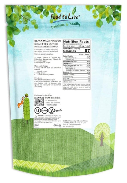 Food to Live - Black Maca Powder, 5 Pounds - Finely Ground Raw Dried Root, Kosher, Vegan, Non-Gelatinized Powder, Bulk