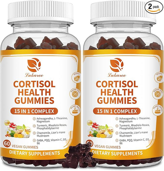 Cortisol Supplements for Women & Men, 15-in-1 Calm Cortisol Gummies with Ashwagandha, Magnesium, L-theanine, GABA, Phosphatidylserine, Vitamin C, D3, B6 for Mood, Sleep, Focus Support - Vegan, 2 Pack