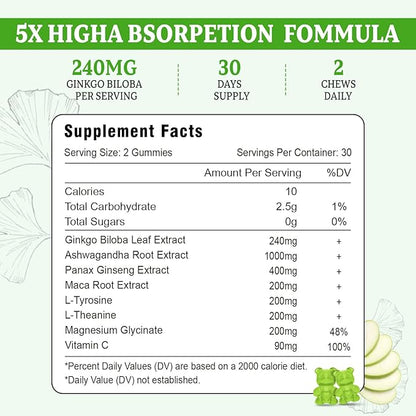 Ginkgo Biloba Gummies with Panax Ginseng for Better Mood and Focus, Booster Brain Health, 120 Vegan Apple Flavor Gummies