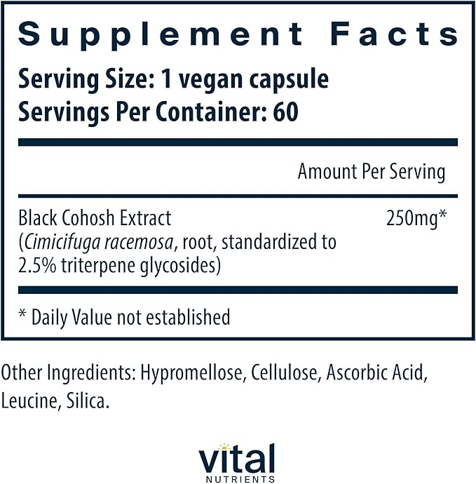 Vital Nutrients Black Cohosh Extract 250mg| Vegan Supplement for Women’s Menopause, Hormonal Balance and PMS Support* | Gluten, Dairy and Soy Free | Non-GMO | 60 Capsules