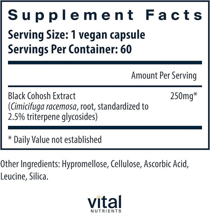 Vital Nutrients Black Cohosh Extract 250mg| Vegan Supplement for Women’s Menopause, Hormonal Balance and PMS Support* | Gluten, Dairy and Soy Free | Non-GMO | 60 Capsules