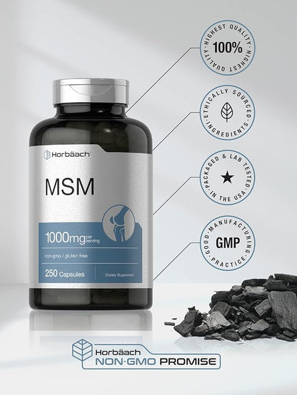 Horbäach MSM Supplement Capsules | 1000mg | 250 Count | Non-GMO and Gluten Free Formula | Methylsulfonylmethane