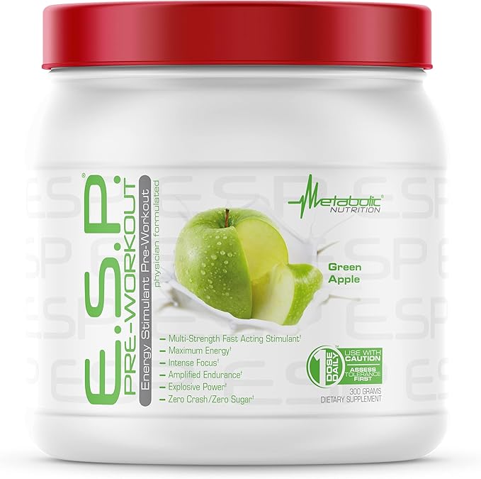 Metabolic Nutrition - ESP - Stimulating Pre Workout, Pre Intra Workout Supplement, Energy and Endurance Stimulating, Natural & Safe, High Energy, Mental Focus, Green Apple, 300 Grams (90 Servings)