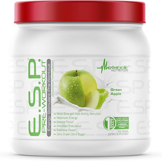 Metabolic Nutrition - ESP - Stimulating Pre Workout, Pre Intra Workout Supplement, Energy and Endurance Stimulating, Natural & Safe, High Energy, Mental Focus, Green Apple, 300 Grams (90 Servings)