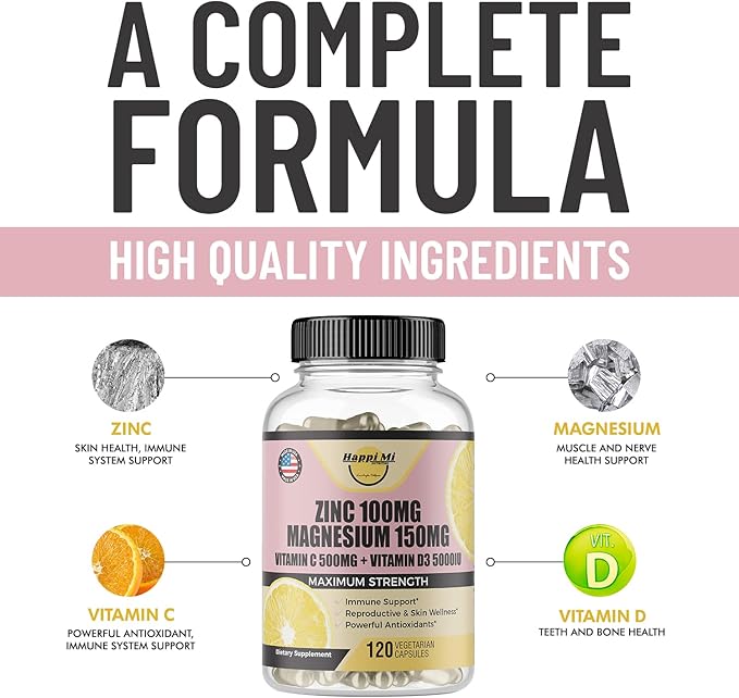 Zinc, Zinc 100mg, Magnesium Glycinate 150mg, Vitamin D3 5000 IU, Vitamin C 500mg Per Serving, Immune Support, Immune Booster, Zinc Magnesium, Elemental Zinc, Antioxidant Support
