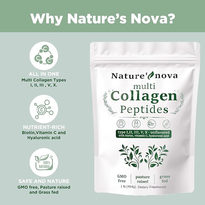 Nature's Nova Multi Collagen Peptides Powder - Type I,II,III,V,X with Biotin, Hyaluronic Acid, Vitamin C - Unflavored, Easily Dissolved, Non-GMO