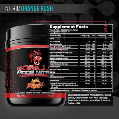 Gorilla Mode Nitric Upgraded Stimulant Free Pre-Workout – Best Tasting and Most Effective Stimulant Free Pre-Workout/Massive Pumps · Vasodilation · Power / 772 Grams (Orange Rush)