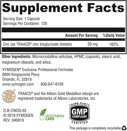 XYMOGEN Chelated Zinc Glycinate Supplements - 20mg Zinc Bisglycinate Chelate for Enhanced Absorption - Mineral Supplement for Reproductive + Immune Support (120 Vegan Capsules)