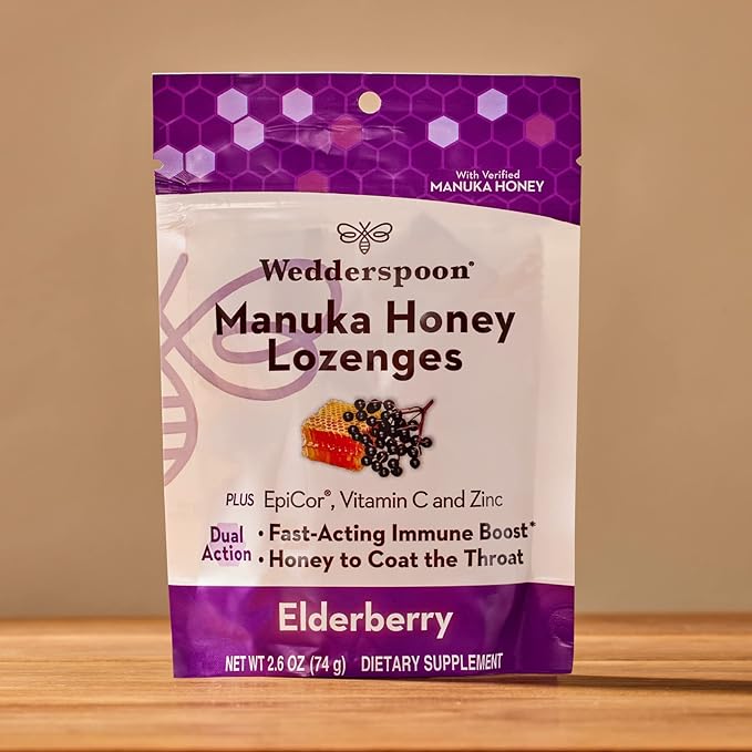 Wedderspoon Manuka Honey Immunity Lozenges, Elderberry, 2.6 Oz (Pack of 1), Genuine New Zealand Honey, Boost Immunity Within Two Hours