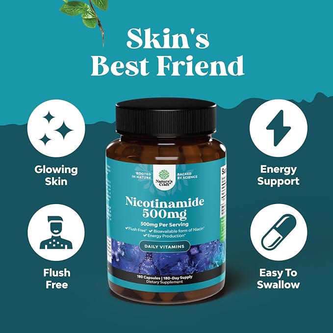 Vitamin B3 Niacinamide 500mg Capsules - Mitochondrial Energy and Potent Skin Supplement - AKA Vitamin B3 Niacin 500mg Flush Free and Nicotinamide 500mg - Flush Free Niacin Supplement - 180 Count
