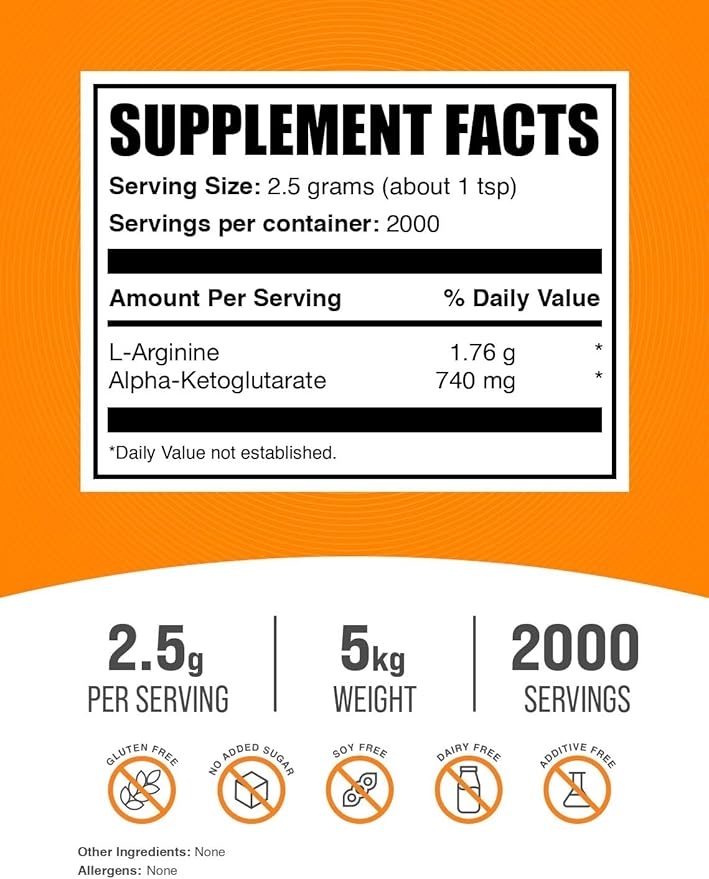 BulkSupplements.com AAKG Powder - Arginine AKG Supplement,Nitric Oxide Supplement - Unflavored & Gluten Free, 2.5g per Serving, 1kg (Pack of 5) (11 lbs)