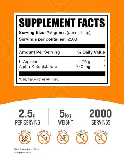 BulkSupplements.com AAKG Powder - Arginine AKG Supplement,Nitric Oxide Supplement - Unflavored & Gluten Free, 2.5g per Serving, 1kg (Pack of 5) (11 lbs)