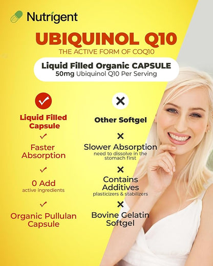 Ubiquinol CoQ10 50 mg, Liquid Filled Organic Capsules, High Absorption Coenzyme Q10 Supplements, Antioxidant for Heart Health & Energy Production, 30 Count