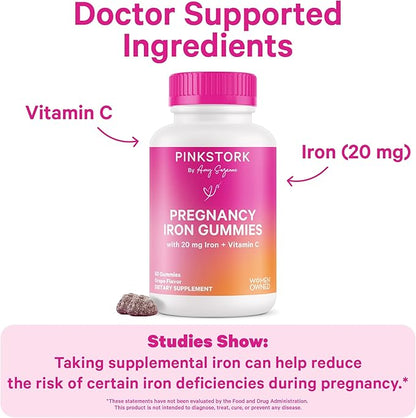 Pink Stork Prenatal Iron Supplement Gummies for Women - 20 mg with Vitamin C - Grape Chewable for Deficiency, Energy, & Blood Builder - 60 Gummy Chews
