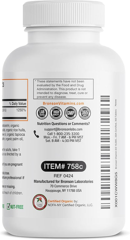 Bronson Vitamin D3 10,000 IU (250 mcg) Certified Organic High Potency Non-GMO Vitamin D Supplement, 360 Tablets