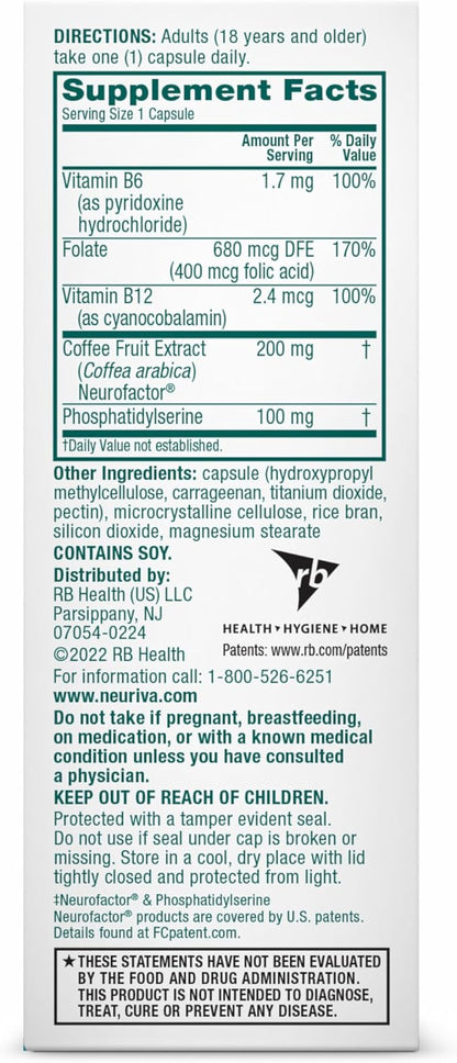NEURIVA Plus Brain Supplement for Memory and Focus Clinically Tested Nootropics for Concentration for Mental Clarity, Cognitive Enhancement Vitamins B6, B12, Phosphatidylserine 30 Capsules