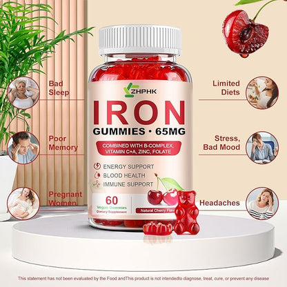 Iron Gummies Supplement for Women, Men & Kids, Iron 65mg with 250mg Vitamin C B6 B12 Folate Healthy Blood, Energy & Immune Support Gentle on Stomach Ferrous Fumarate, 120 Count