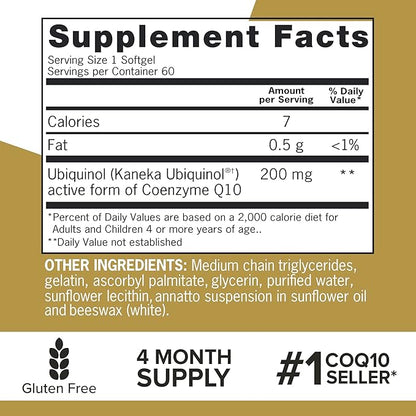 Qunol Ubiquinol CoQ10 200mg Softgels, Ubiquinol 200mg - Active Form of Coenzyme Q10, Antioxidant for Heart Health - 60 Count (Pack of 2)