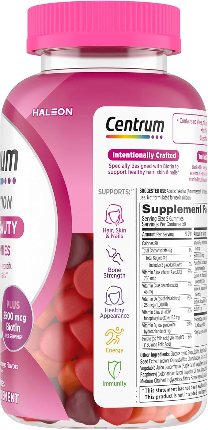 Centrum MultiGummies Multi+ Beauty Dual Action Multivitamin, Specially Designed with Biotin for Healthy Hair, Skin and Nails, Cherry/Berry/Orange Flavors - 100 Count
