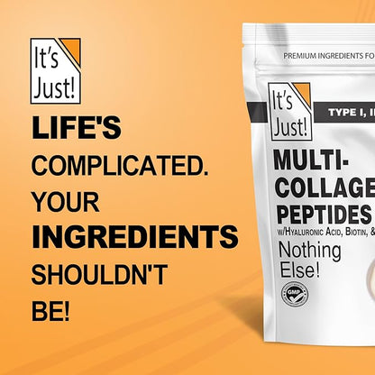 It's Just! - Multi Collagen Peptides, (20oz) Protein Powder, Type I, II, III, V, X w/Biotin, Hyaluronic Acid, Vitamin C - Easy Mixing, Non-GMO, Unflavored, 1.25lb