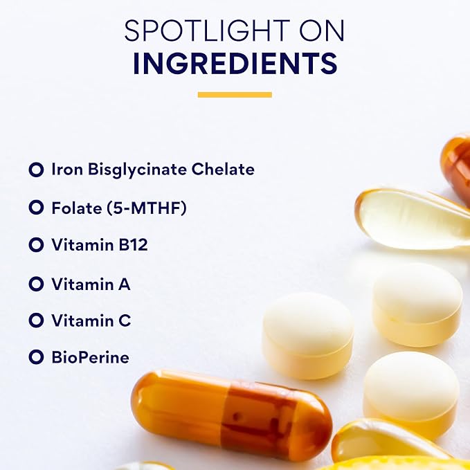 Research Verified Anemia Support - Replenish Iron, Regulate Hemoglobin, Improve Energy - Iron, Vitamin C, Vitamin A, B12, Folate, BioPerine - 180 Capsules - Vegan