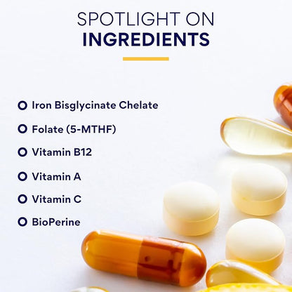Research Verified Anemia Support - Replenish Iron, Regulate Hemoglobin, Improve Energy - Iron, Vitamin C, Vitamin A, B12, Folate, BioPerine - 180 Capsules - Vegan