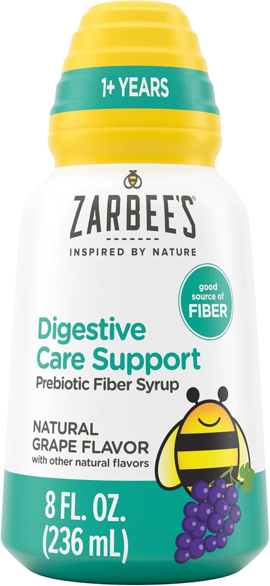Zarbee's Children's Digestive Care Support* Prebiotic Fiber Syrup, Grape Flavor with Other Natural Flavors, Liquid Fiber for Kids, Daily Fiber Supplement + Agave, 8 fl. oz