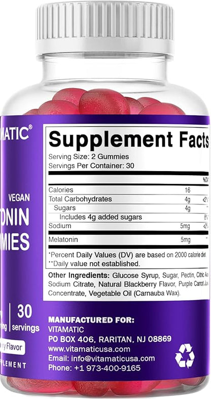 Vitamatic Melatonin Gummies for Kids & Adults - (2.5 mg 5 mg & 10 mg Doses) - 60 Vegan Gummies