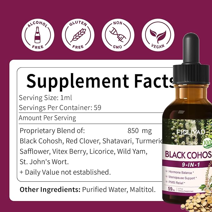 Black Cohosh Root for Women Menopause Support Drops for Hot Flashes & Night Sweats, 9-in- 1 Herbal Extract Supplement Tincture, Blend with Red Clover Shatavari Support PMS Relief. 2oz