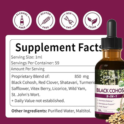 Black Cohosh Root for Women Menopause Support Drops for Hot Flashes & Night Sweats, 9-in- 1 Herbal Extract Supplement Tincture, Blend with Red Clover Shatavari Support PMS Relief. 2oz