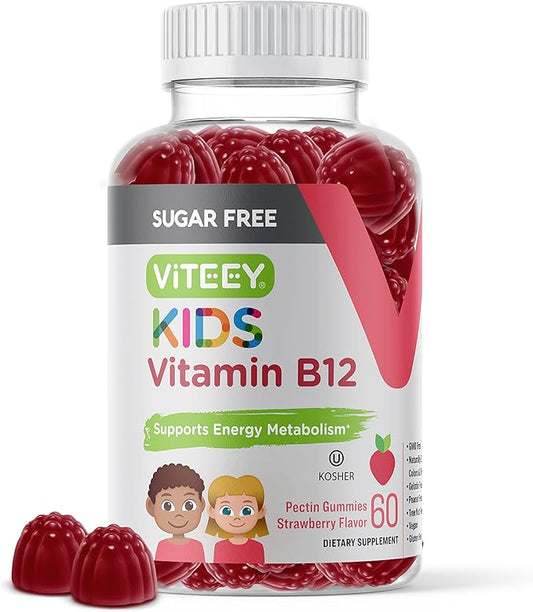 Vitamin B12 for Kids Gummies, 1000mcg - Sugar Free - Metabolism, Natural Energy Support - Vegan, Gelatin Free, Gluten Free, GMO Free - Tasty Chewable B12 Strawberry Flavored Gummy